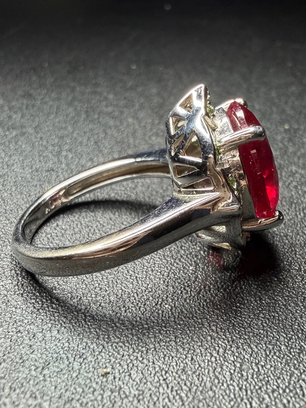 Sterling Silver Ring with Large Fuchsia and Green Accent Stones size 6